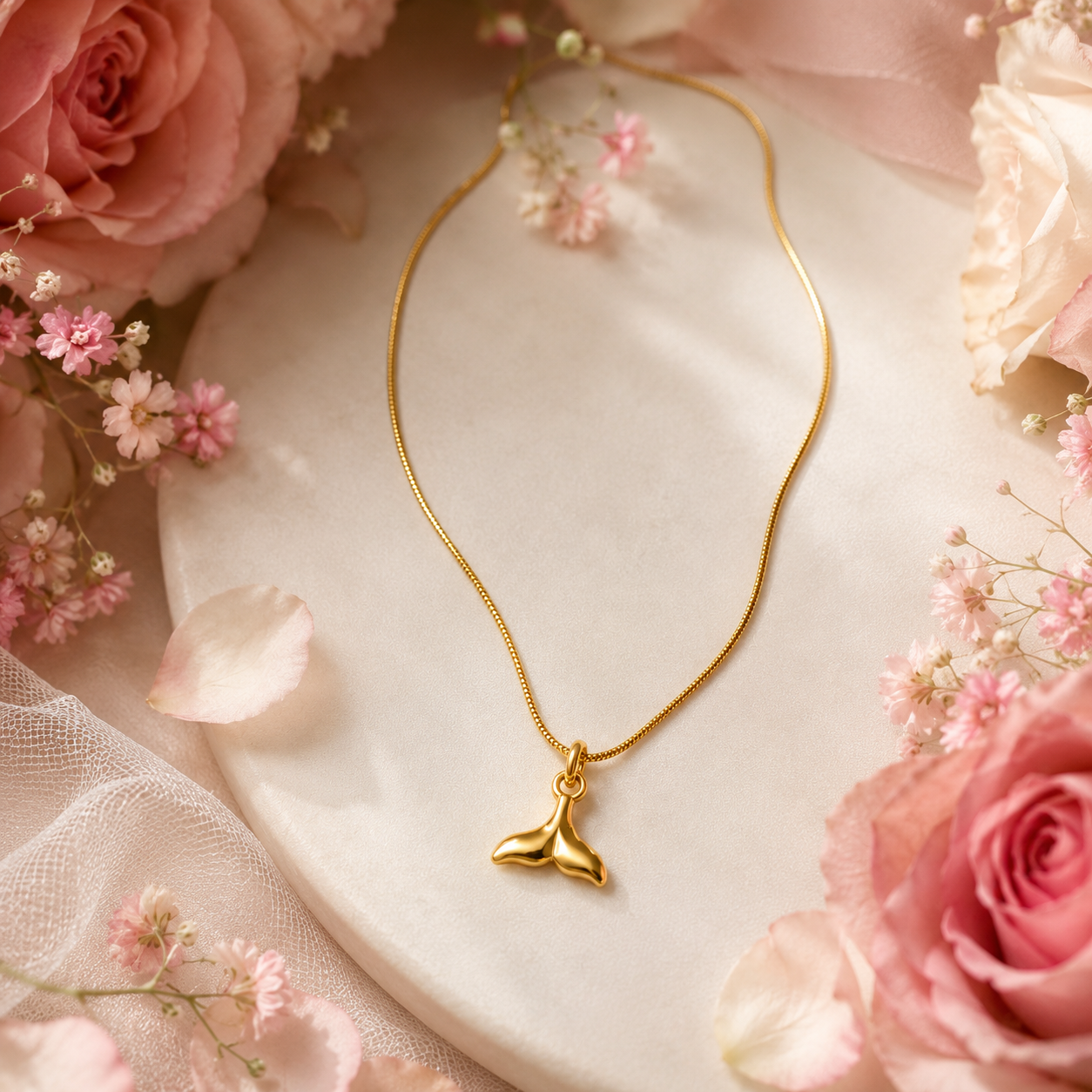Gold whale tail mermaid charm pendant necklace flatlay on cream satin with baby's breath – dainty gold mermaid necklace gift for her AureliaBlends