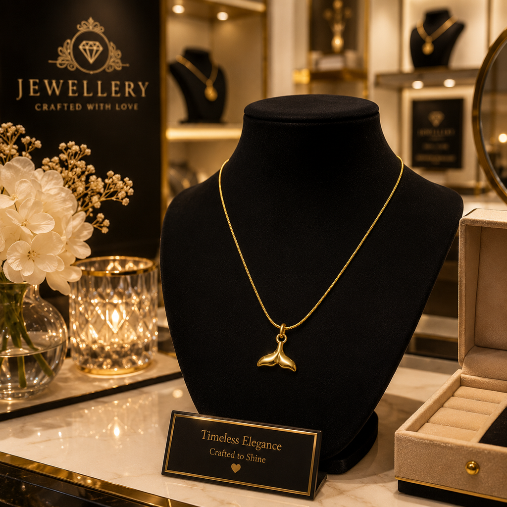Gold sculptural whale tail pendant necklace on box chain on cream satin – gold mermaid tail charm necklace bridesmaid gift UK UAE Australia