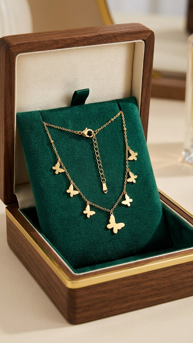 Gold butterfly charm dangle necklace and earrings set in open beige velvet gift box with locket on black velvet with 'To my love forever yours' card, satin bow and wax seal – romantic gift for her