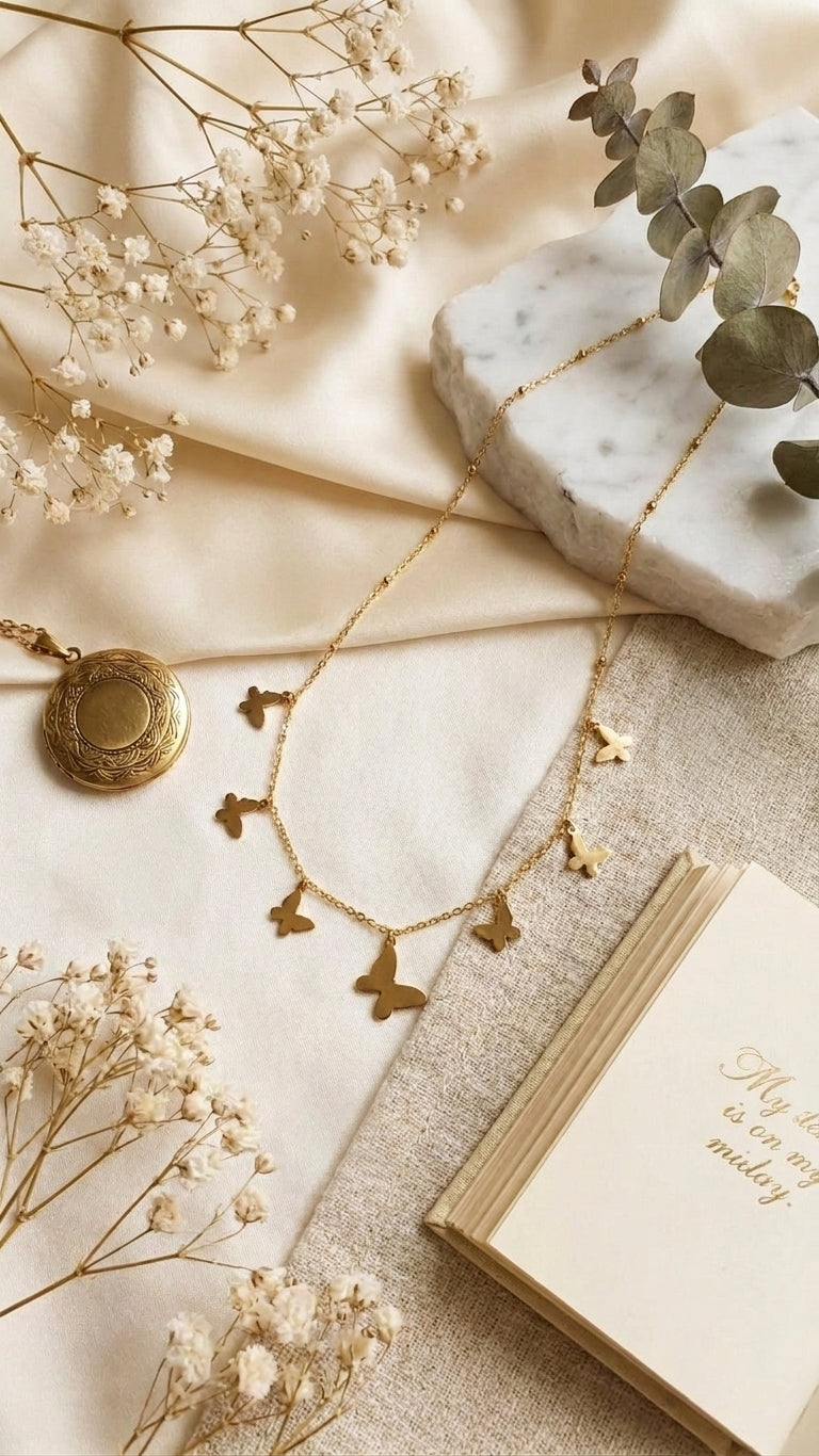 Gold butterfly charm dangle necklace displayed on cream velvet jewelry bust in luxury jewellery boutique with glass display cases and orchids – wedding guest necklace USA UK Australia