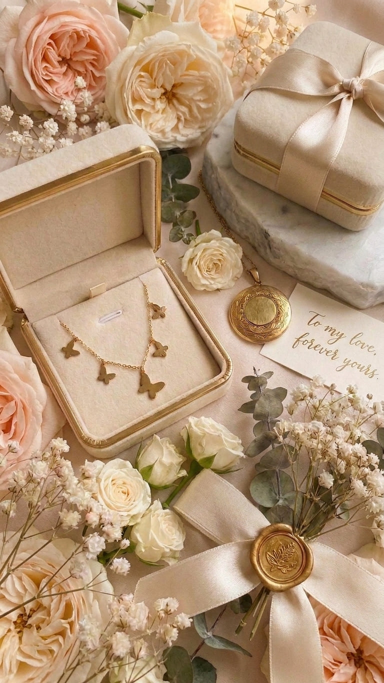 Gold multi-butterfly charm necklace and stud earrings set on cream satin – gold butterfly jewelry set anniversary gift USA UAE