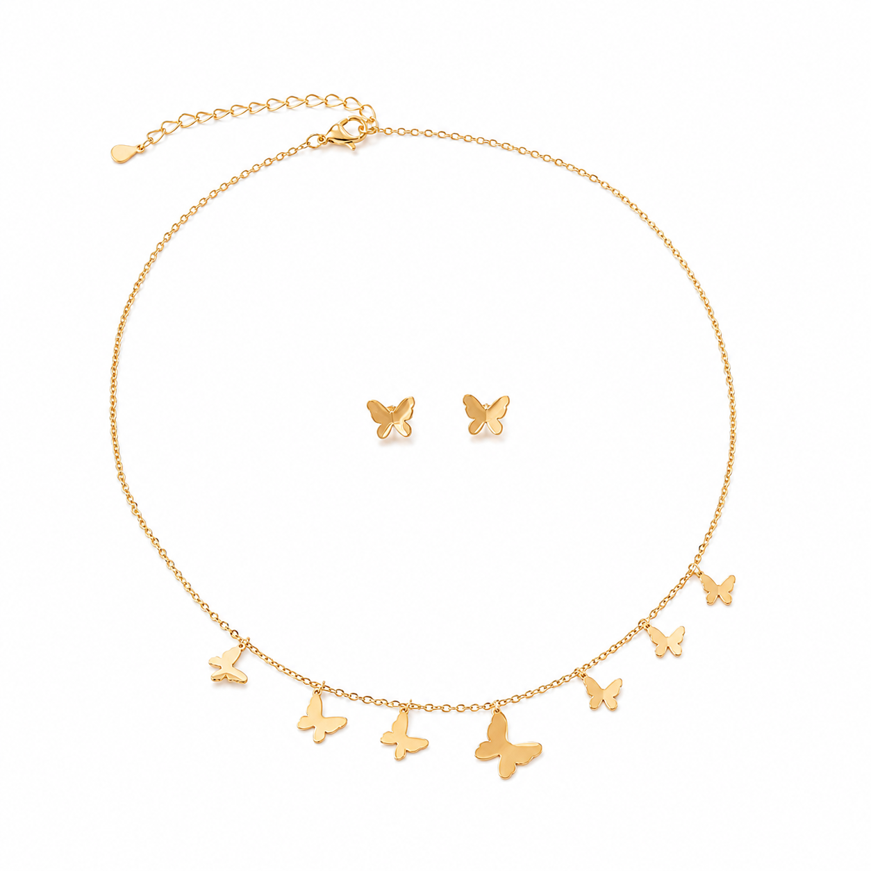 Gold multi-butterfly charm dangle necklace and butterfly stud earrings set product flatlay on white background showing 7 graduating butterfly charms on cable chain – AureliaBlends