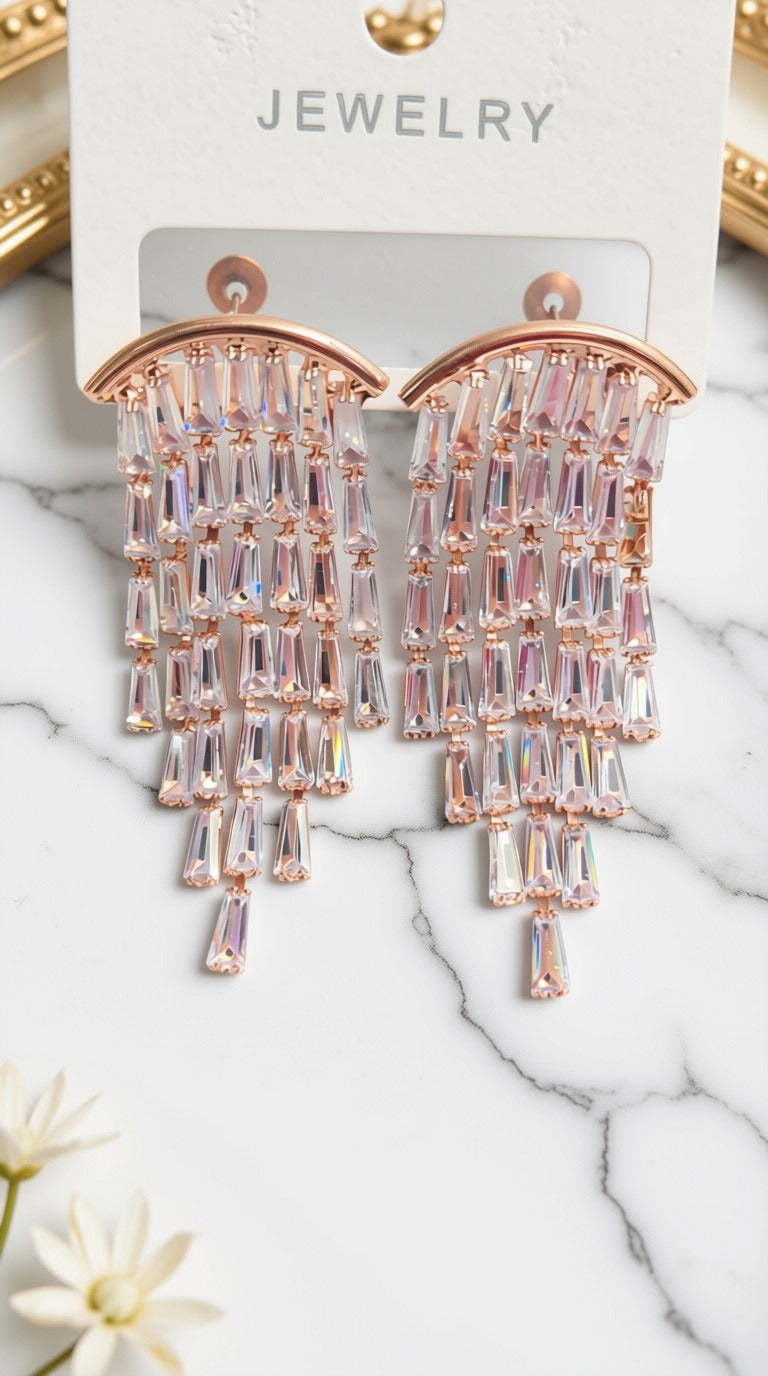 Radiant Baguette Crystal Chandelier Fringe Earrings – Rose Gold Statement Tassel Drop Dangler Jewelry