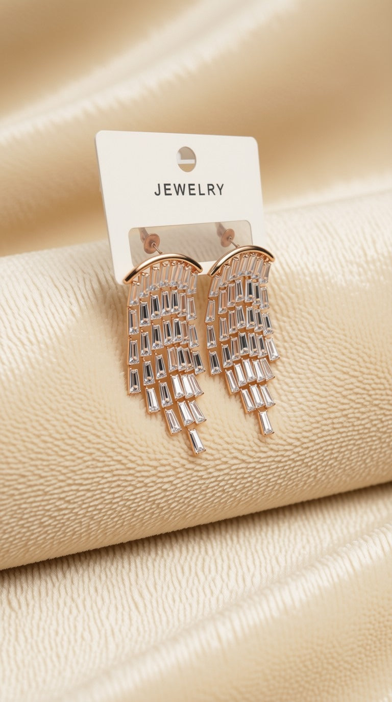Radiant Baguette Crystal Chandelier Fringe Earrings – Rose Gold Statement Tassel Drop Dangler Jewelry