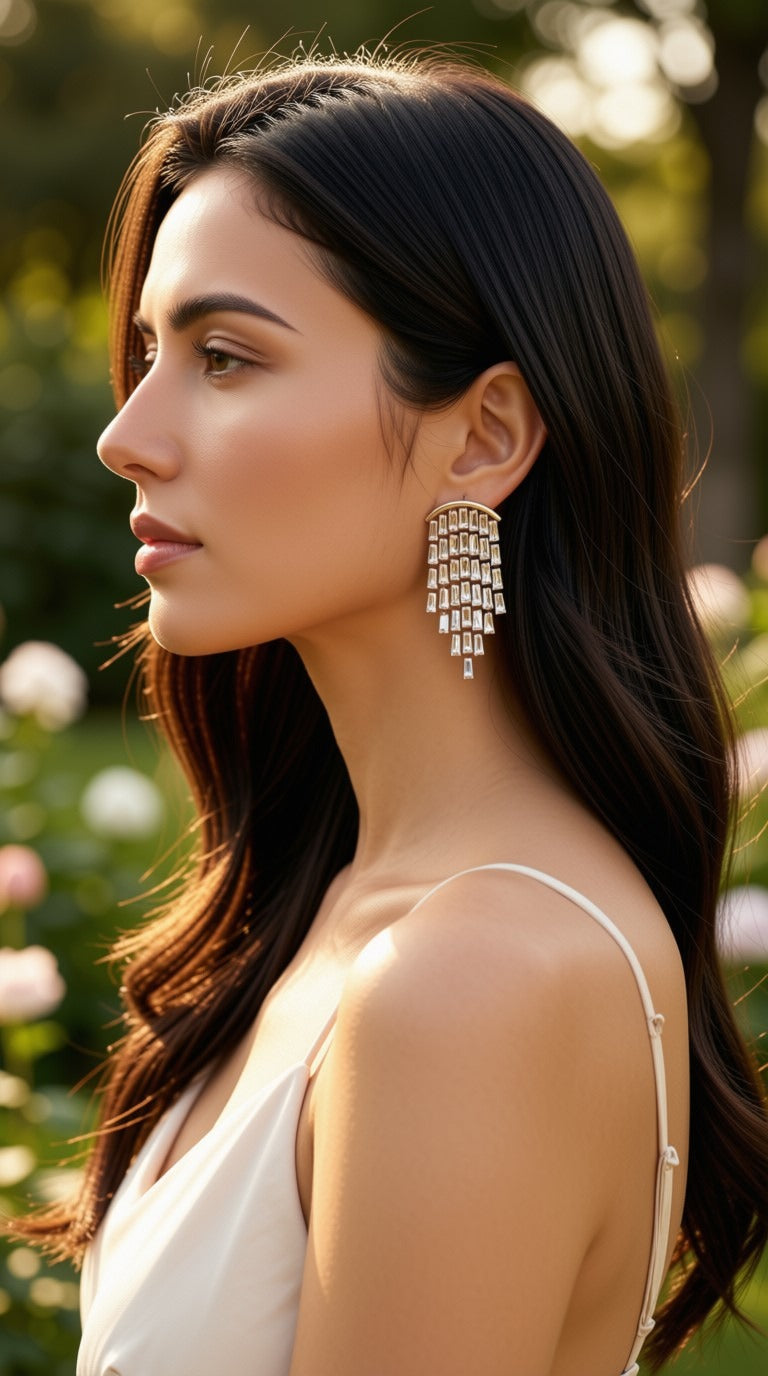 A woman in profile wearing a long, tiered silver statement earring with clear stones, set against a soft-focus garden background.