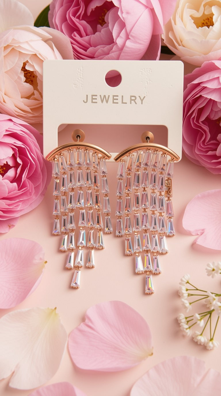 Radiant Baguette Crystal Chandelier Fringe Earrings – Rose Gold Statement Tassel Drop Dangler Jewelry