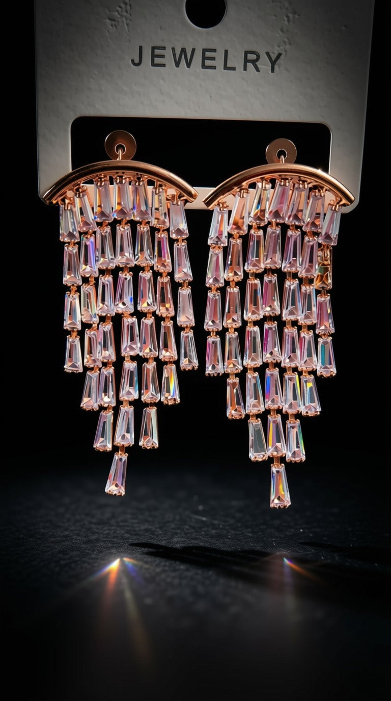 Radiant Baguette Crystal Chandelier Fringe Earrings – Rose Gold Statement Tassel Drop Dangler Jewelry