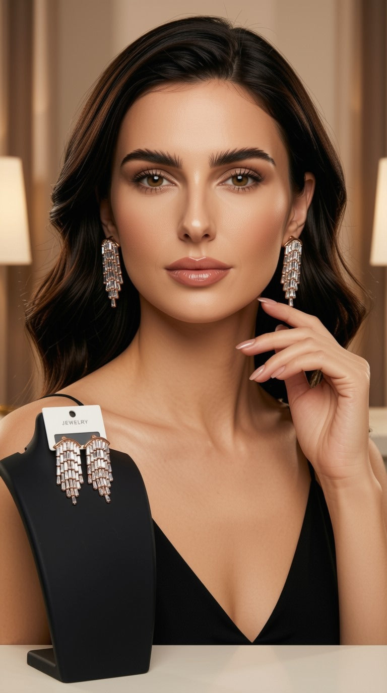 Radiant Baguette Crystal Chandelier Fringe Earrings – Rose Gold Statement Tassel Drop Dangler Jewelry