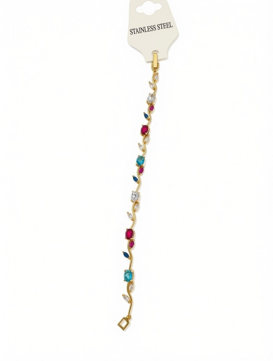 Gold-Plated Vine Bracelet with Multi-Color Gemstones – Elegant Stainless Steel Floral Wristlet