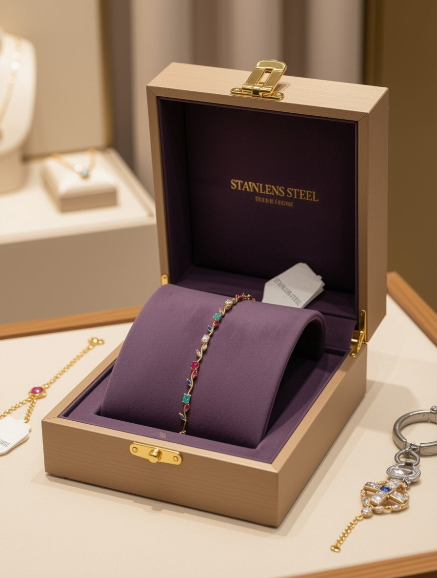 Gold-Plated Vine Bracelet with Multi-Color Gemstones – Elegant Stainless Steel Floral Wristlet