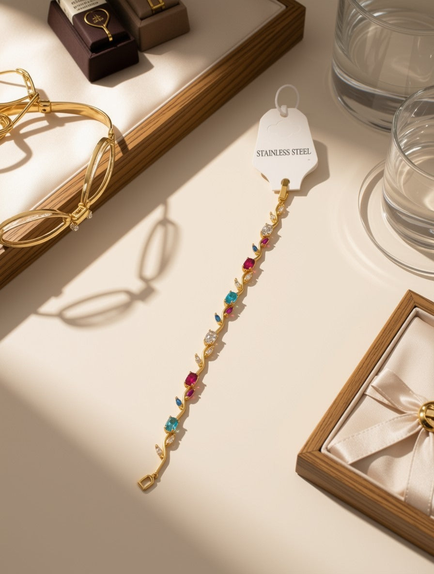 Gold-Plated Vine Bracelet with Multi-Color Gemstones – Elegant Stainless Steel Floral Wristlet