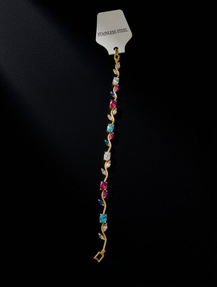 Gold-Plated Vine Bracelet with Multi-Color Gemstones – Elegant Stainless Steel Floral Wristlet