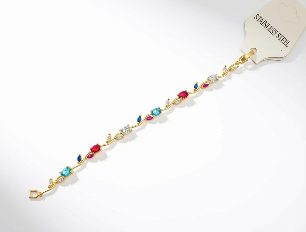 Gold-Plated Vine Bracelet with Multi-Color Gemstones – Elegant Stainless Steel Floral Wristlet