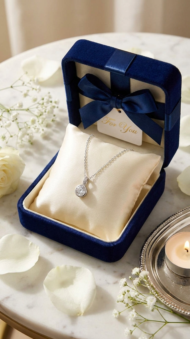 Silver bezel-set CZ solitaire pendant necklace on black velvet jewelry bust surrounded by blush and cream roses, baby's breath and eucalyptus – romantic bridal jewelry wedding guest necklace