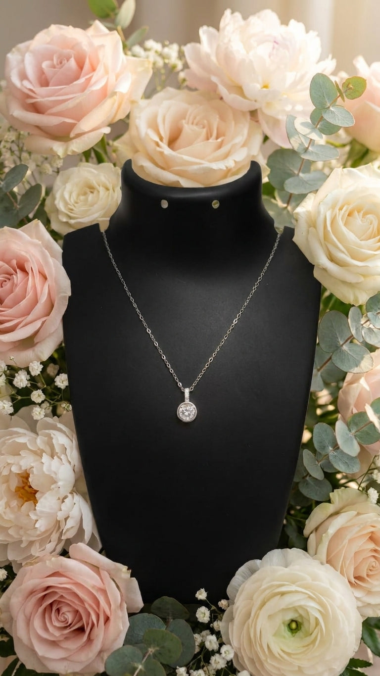 Silver bezel-set cubic zirconia solitaire pendant necklace flatlay on cream satin with baby's breath – dainty silver CZ pendant necklace gift for her AureliaBlends
