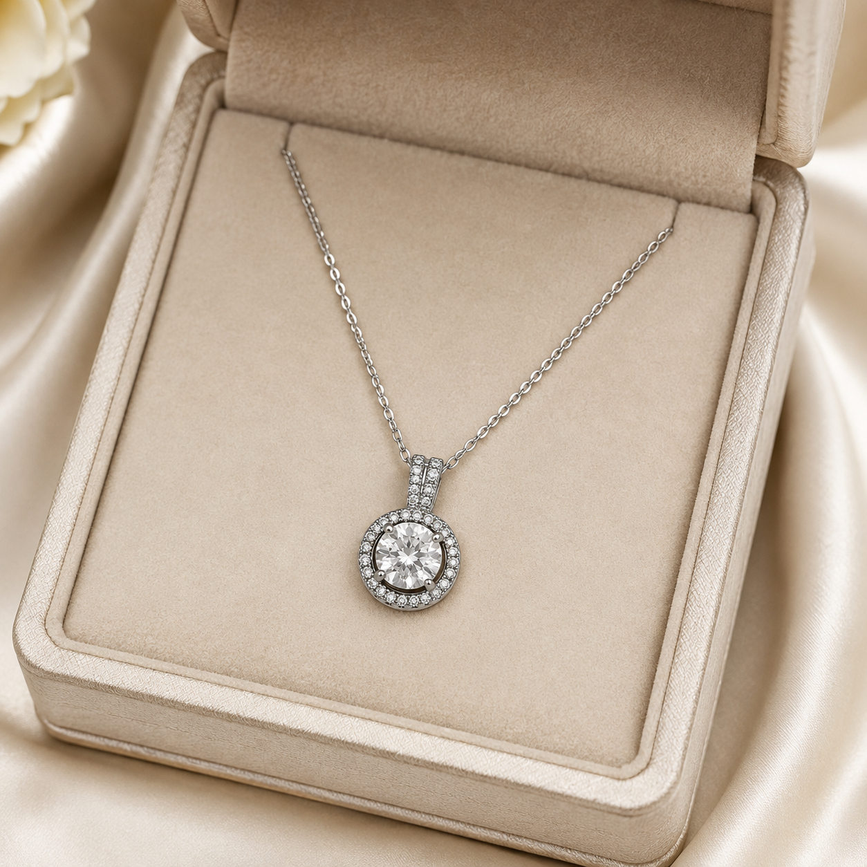 Silver CZ halo pendant necklace in open beige velvet luxury gift box with 'A Gift Just For You' card and satin bow on cream satin with baby's breath – bridal jewelry gift AureliaBlends