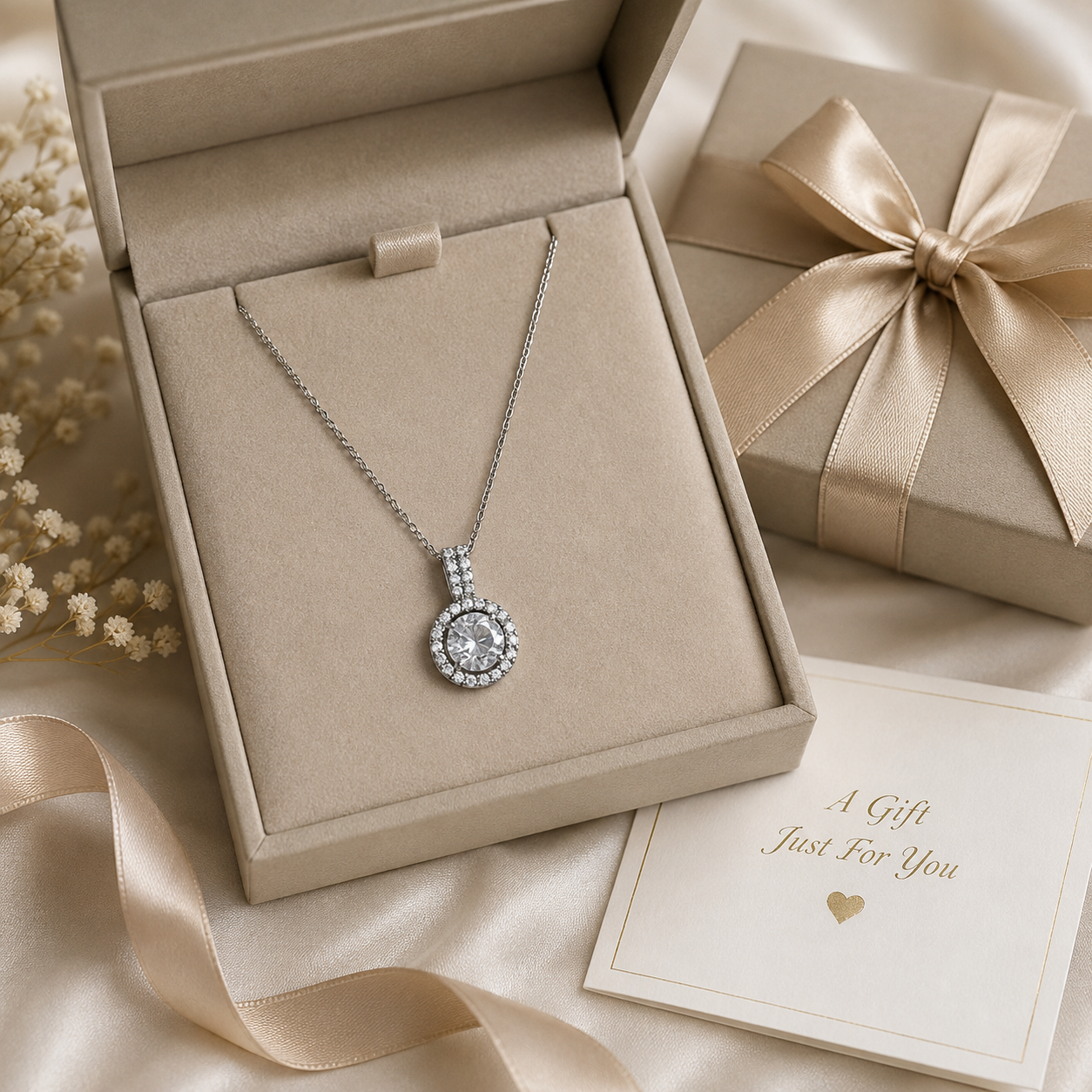 Silver round CZ halo pendant necklace on cable chain flatlay on blush pink satin surrounded by pink roses and baby's breath – romantic bridal shower gift wedding guest necklace USA UK