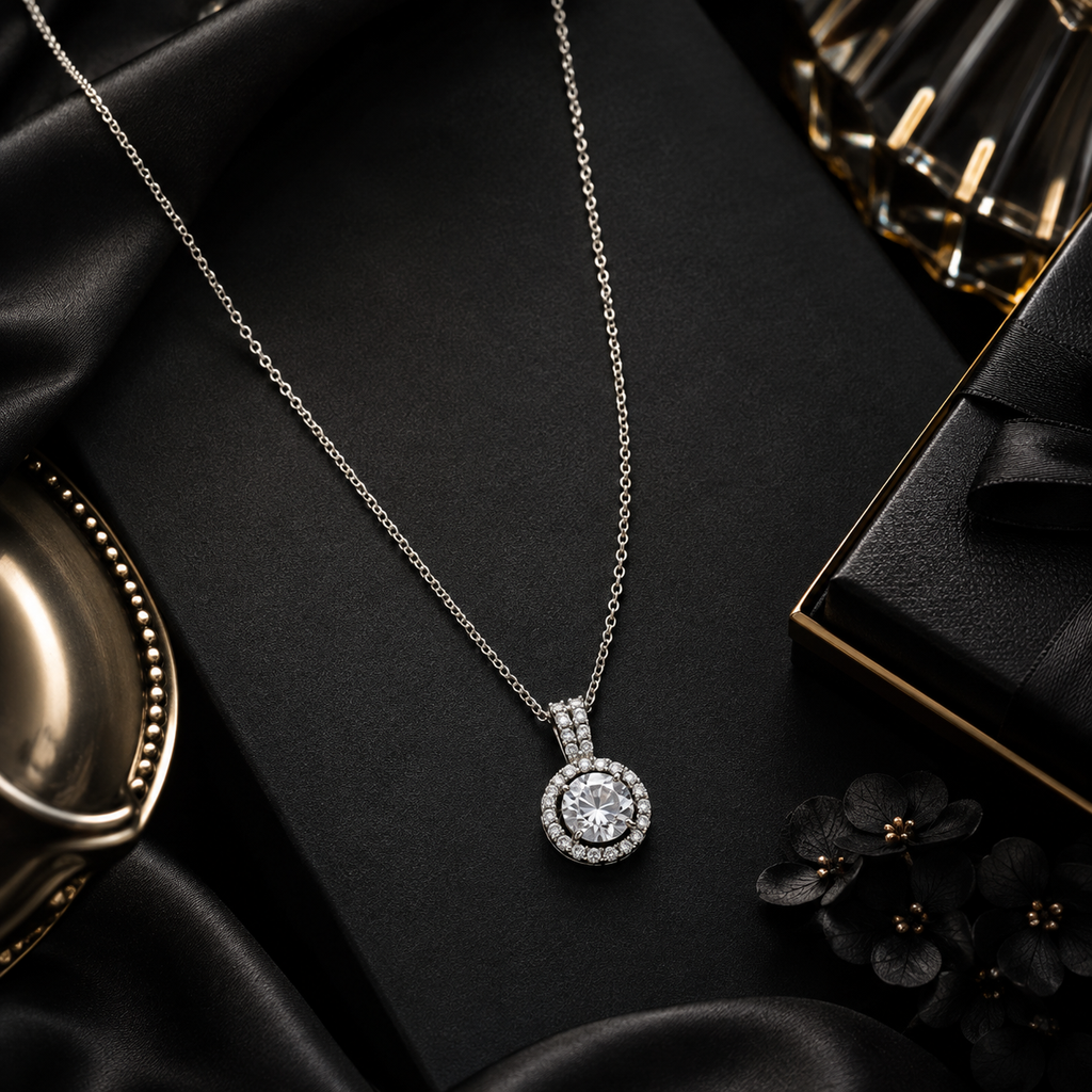 Silver round CZ halo pendant necklace flatlay on cream satin with baby's breath – dainty silver pavé halo pendant necklace gift for her AureliaBlends