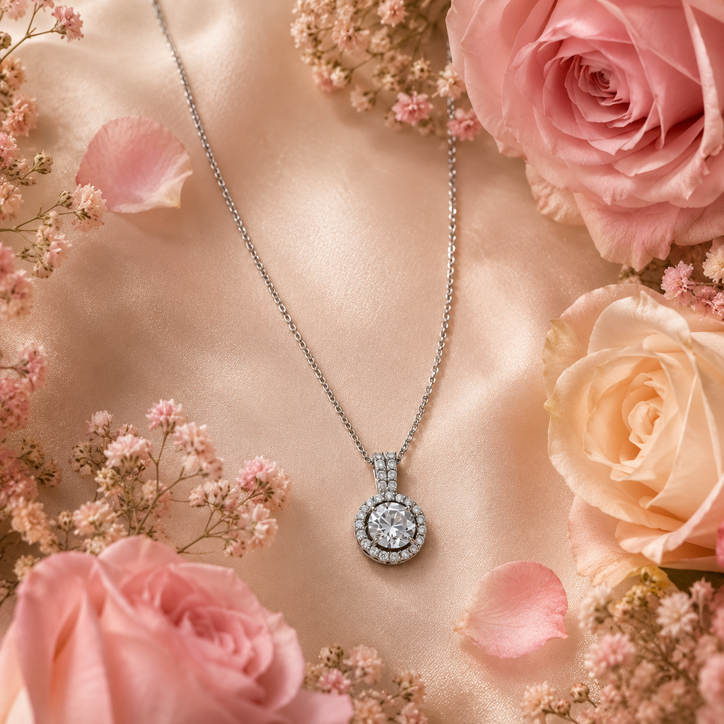 Silver CZ halo pendant necklace in luxury gift box with satin ribbon – bridesmaid jewelry bridal shower gift UK UAE Australia