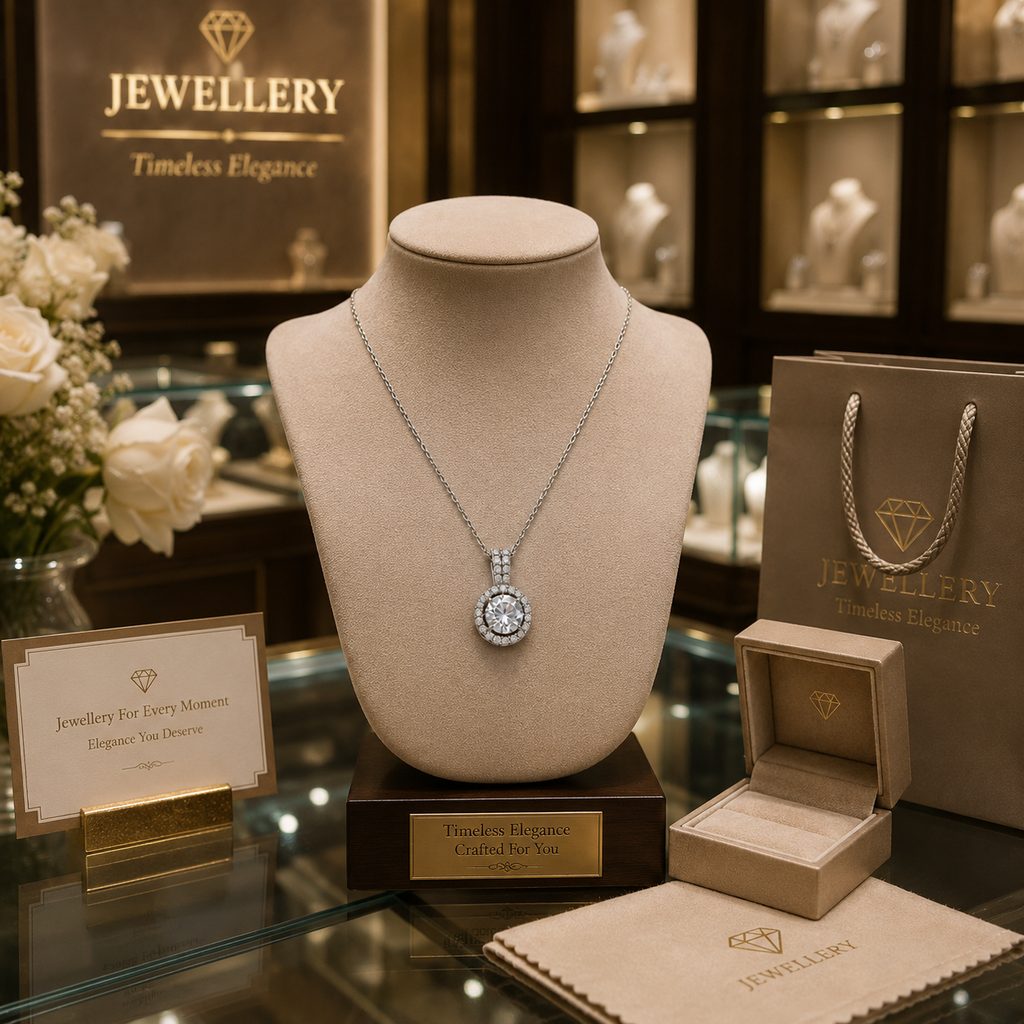Silver round CZ halo pendant necklace on cable chain on cream satin – cubic zirconia diamond halo necklace anniversary gift USA UAE