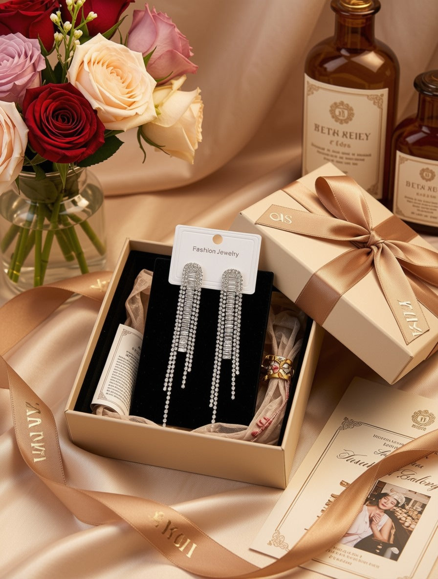 A pair of long dangling silver beaded earrings displayed in an open beige gift box with a black insert, alongside a branded gift box and ribbon. The scene is styled with satin fabric, a bouquet of red and cream roses, and bottles labeled Beth Reilly.