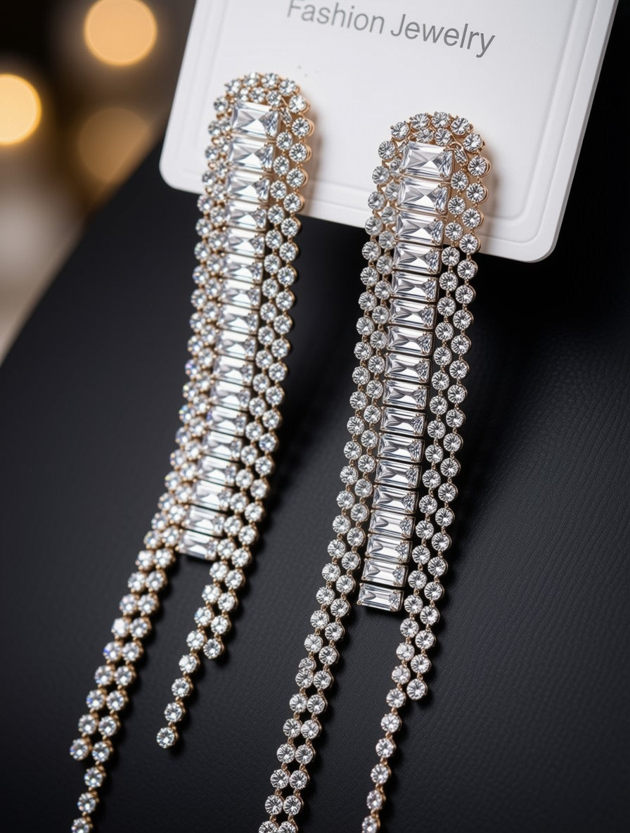 Radiant Baguette Crystal Fringe Statement Earrings – Long Tassel Drop Dangler Jewelry