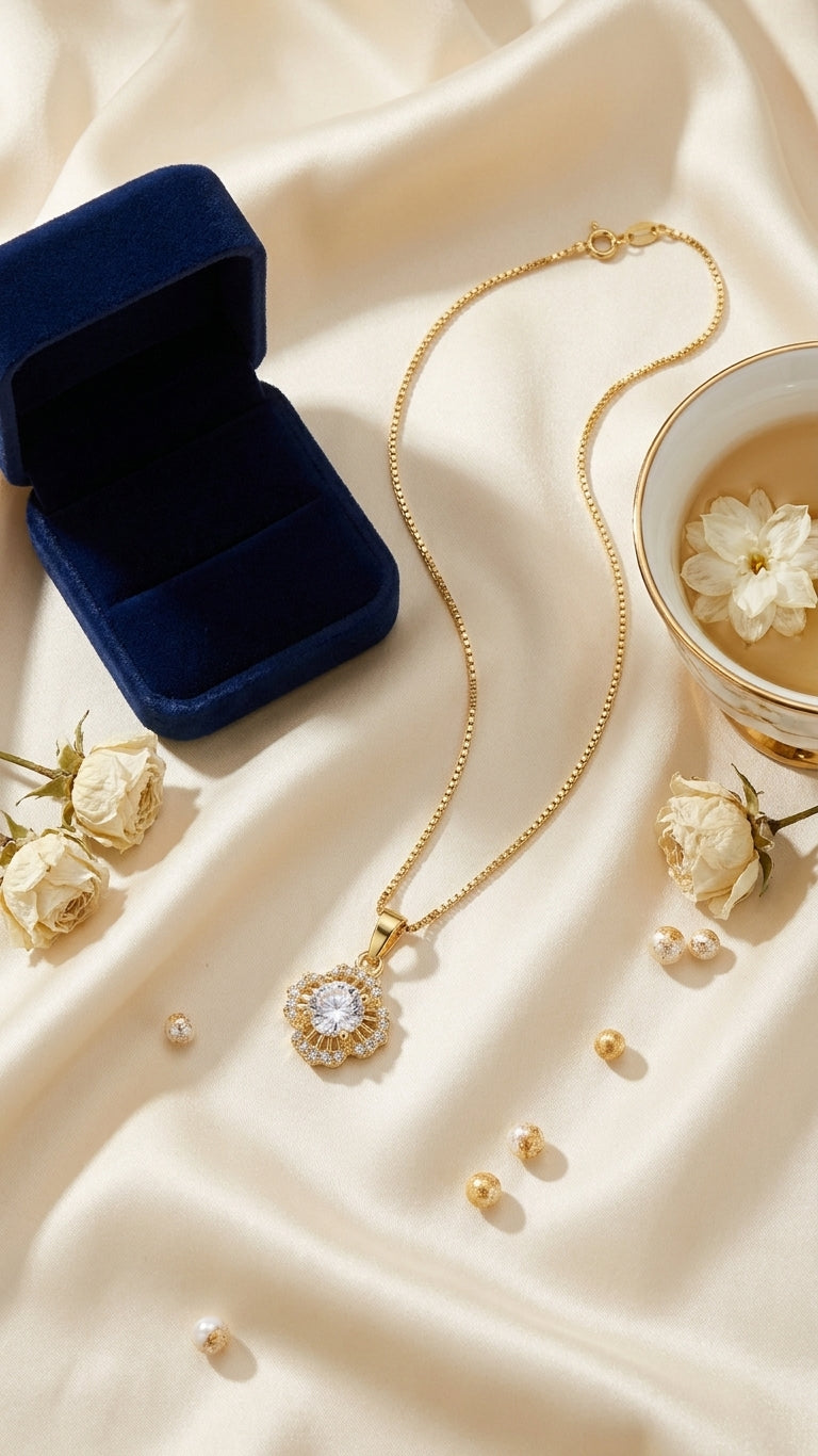 Gold floral sunburst CZ halo pendant necklace on slim box chain against dark black velvet background – vintage halo necklace gold statement necklace AureliaBlends