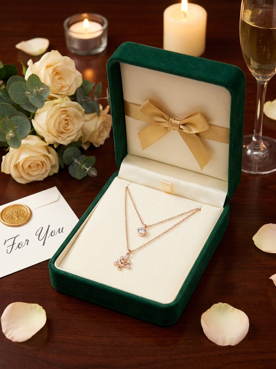 Rose gold tree of life and CZ solitaire layered necklace in open green velvet luxury gift box with gold ribbon and For You card surrounded by white roses and candles – AureliaBlends