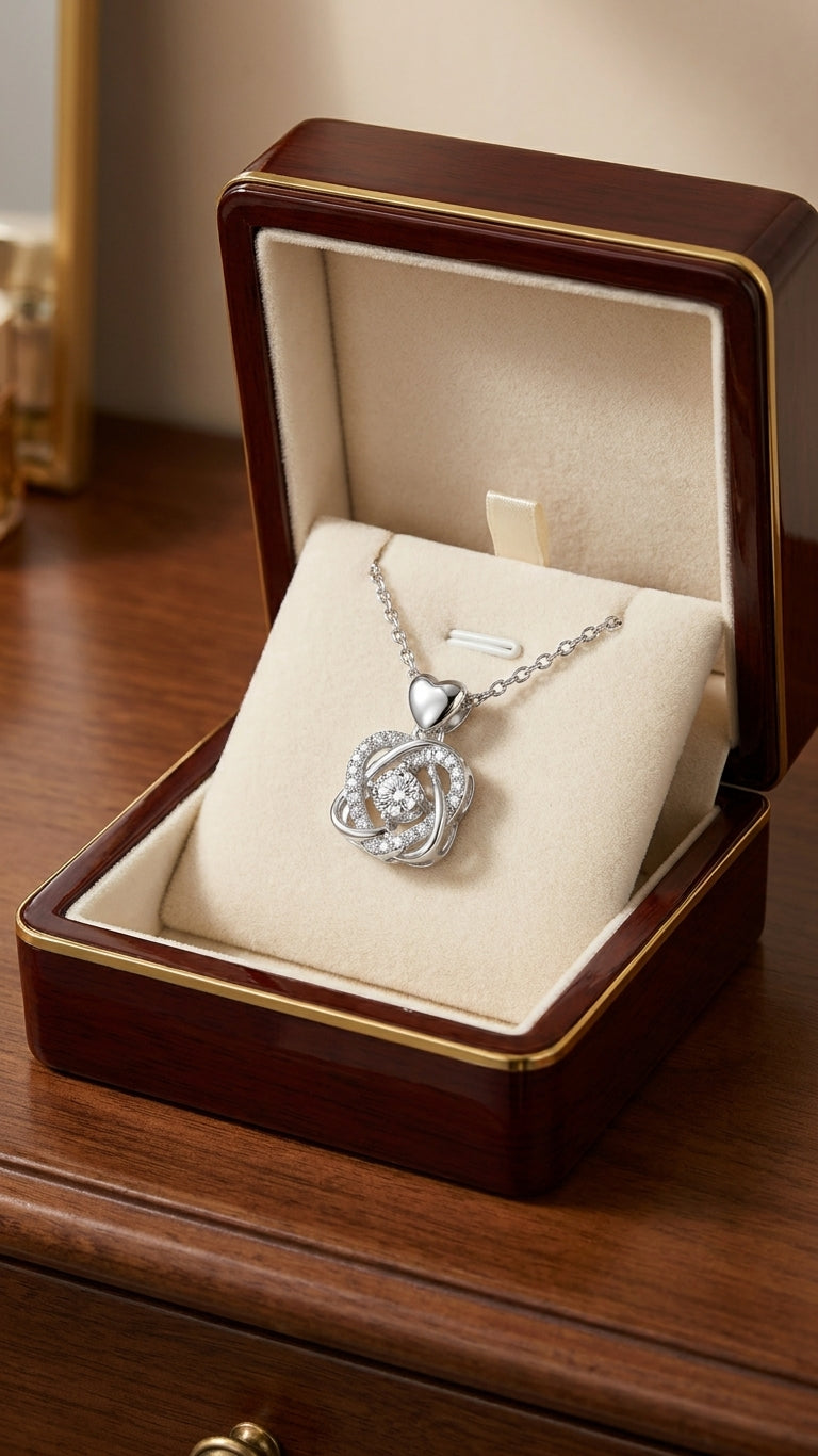 Silver cubic zirconia love knot pendant necklace with heart bail displayed on black velvet flat lay – AureliaBlends statement necklace