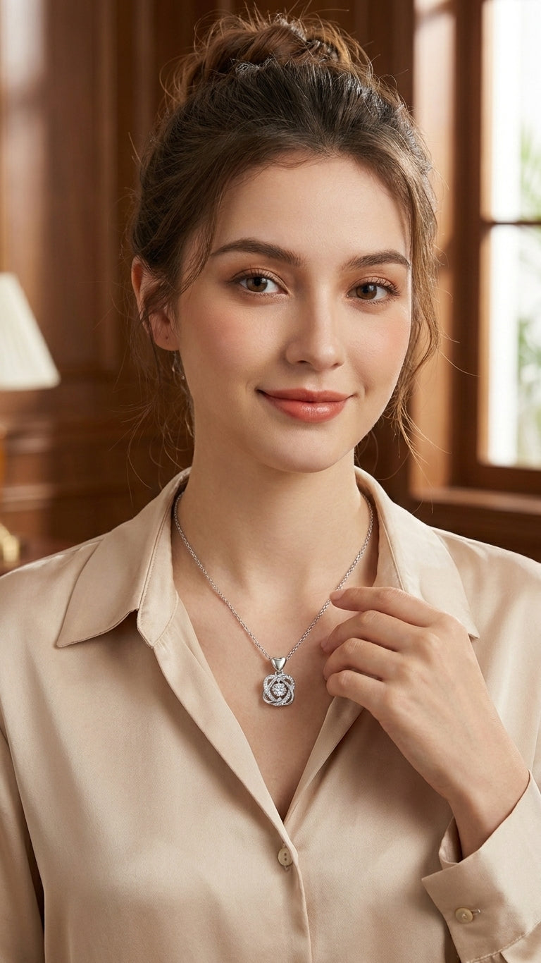 Silver CZ love knot pendant necklace on black jewelry bust surrounded by blush and white roses – AureliaBlends bridal jewelry