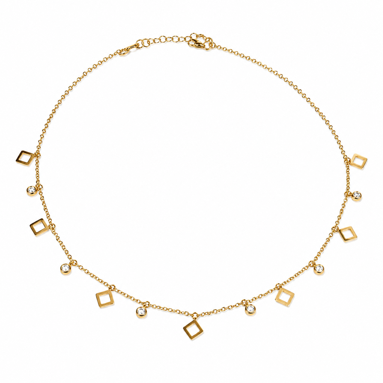 Gold geometric open square and CZ bezel charm dangle necklace flatlay on cream satin with dried baby's breath, beige gift box and crystal perfume bottle – dainty gold geometric necklace AureliaBlends