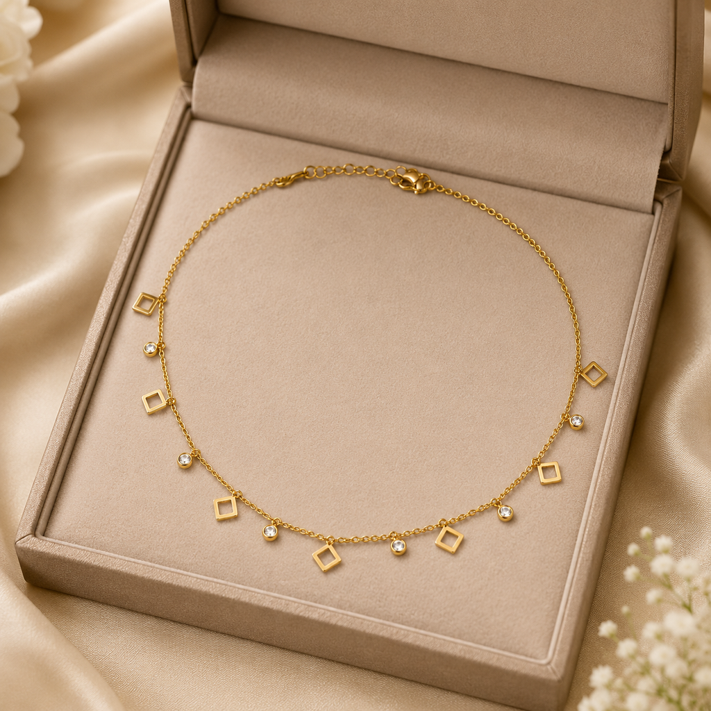 Gold open square and CZ bezel dangle necklace in open beige velvet luxury gift box with 'Especially For You' card, satin bow and baby's breath – gift for her AureliaBlends
