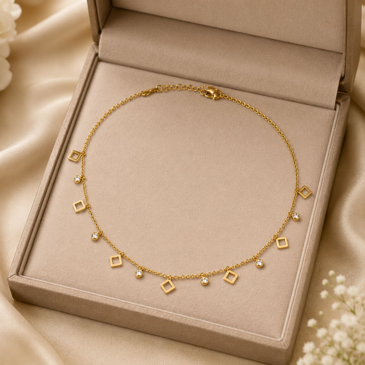 Gold open square and CZ bezel dangle necklace in open beige velvet luxury gift box with 'Especially For You' card, satin bow and baby's breath – gift for her AureliaBlends