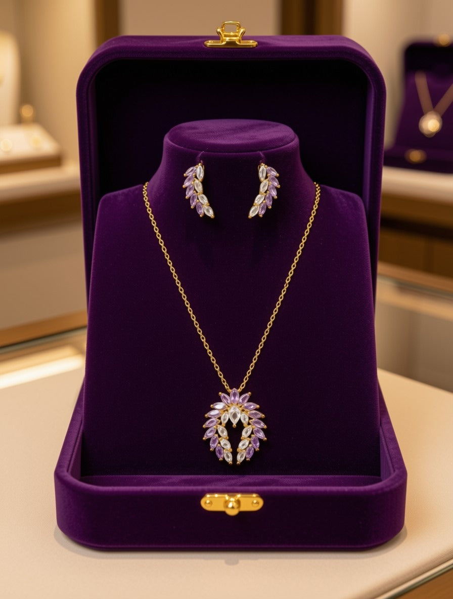 Elegant Marquise-Cut Stone Pendant Necklace & Earring Set – Gold-Plated Evening Jewelry