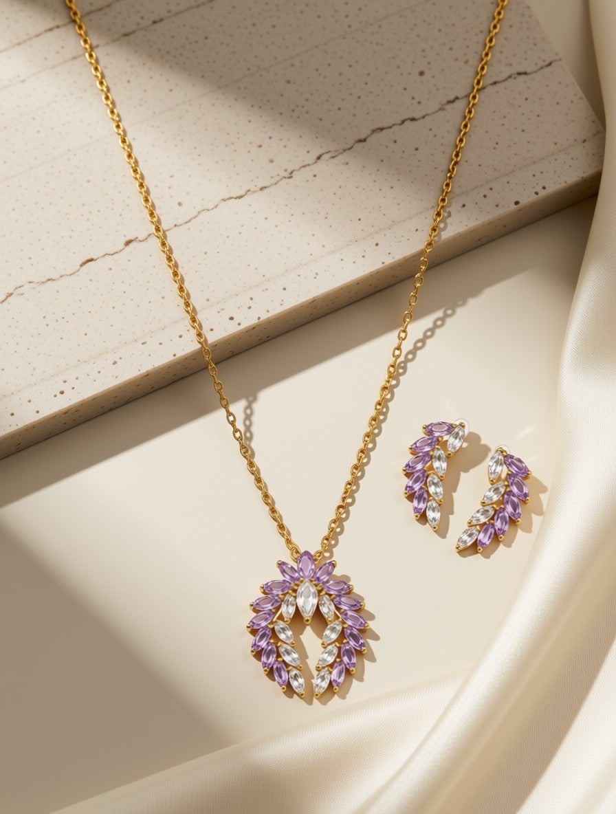 Elegant Marquise-Cut Stone Pendant Necklace & Earring Set – Gold-Plated Evening Jewelry