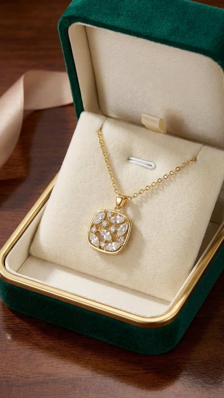 Gold-plated cushion pendant necklace with marquise cubic zirconia stones on white background – AureliaBlends bridal jewelry
