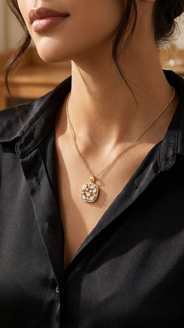 Cushion CZ pendant necklace presented in navy blue velvet gift box with gold ribbon – perfect gift for her by AureliaBlends