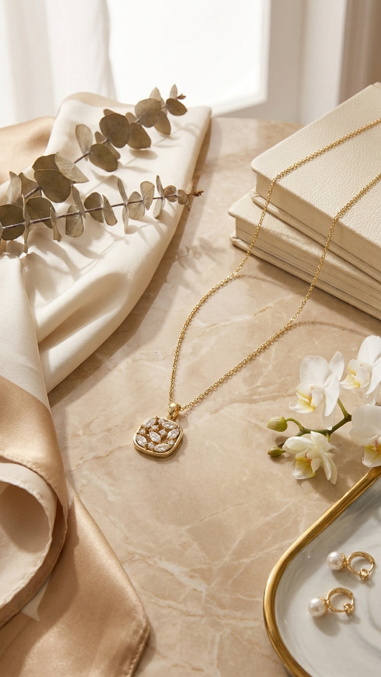 Gold cushion marquise CZ necklace styled on marble surface with white orchids and satin ribbon – AureliaBlends bridal jewelry