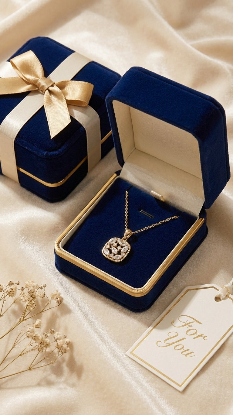 Cushion cubic zirconia pendant necklace in cream velvet jewelry box – gold-plated bridal necklace by AureliaBlends