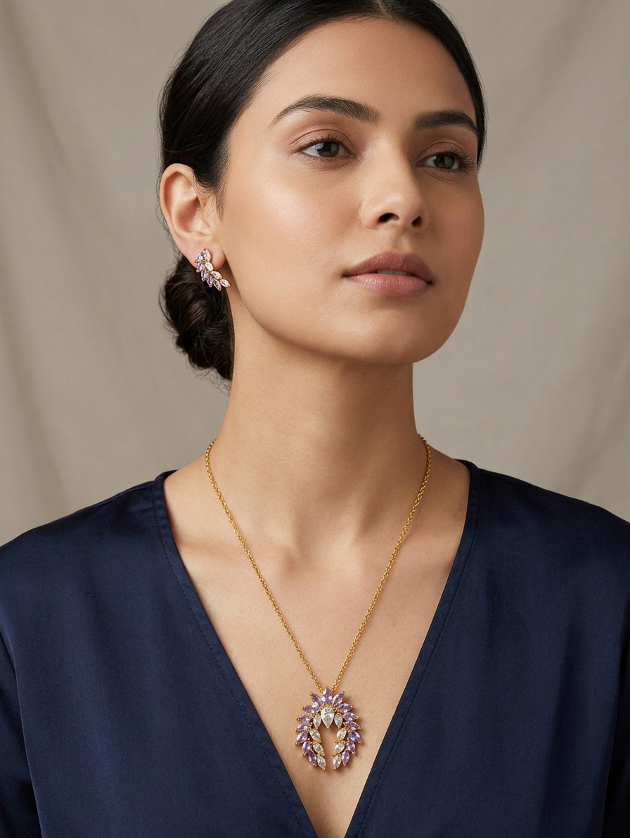 Elegant Marquise-Cut Stone Pendant Necklace & Earring Set – Gold-Plated Evening Jewelry