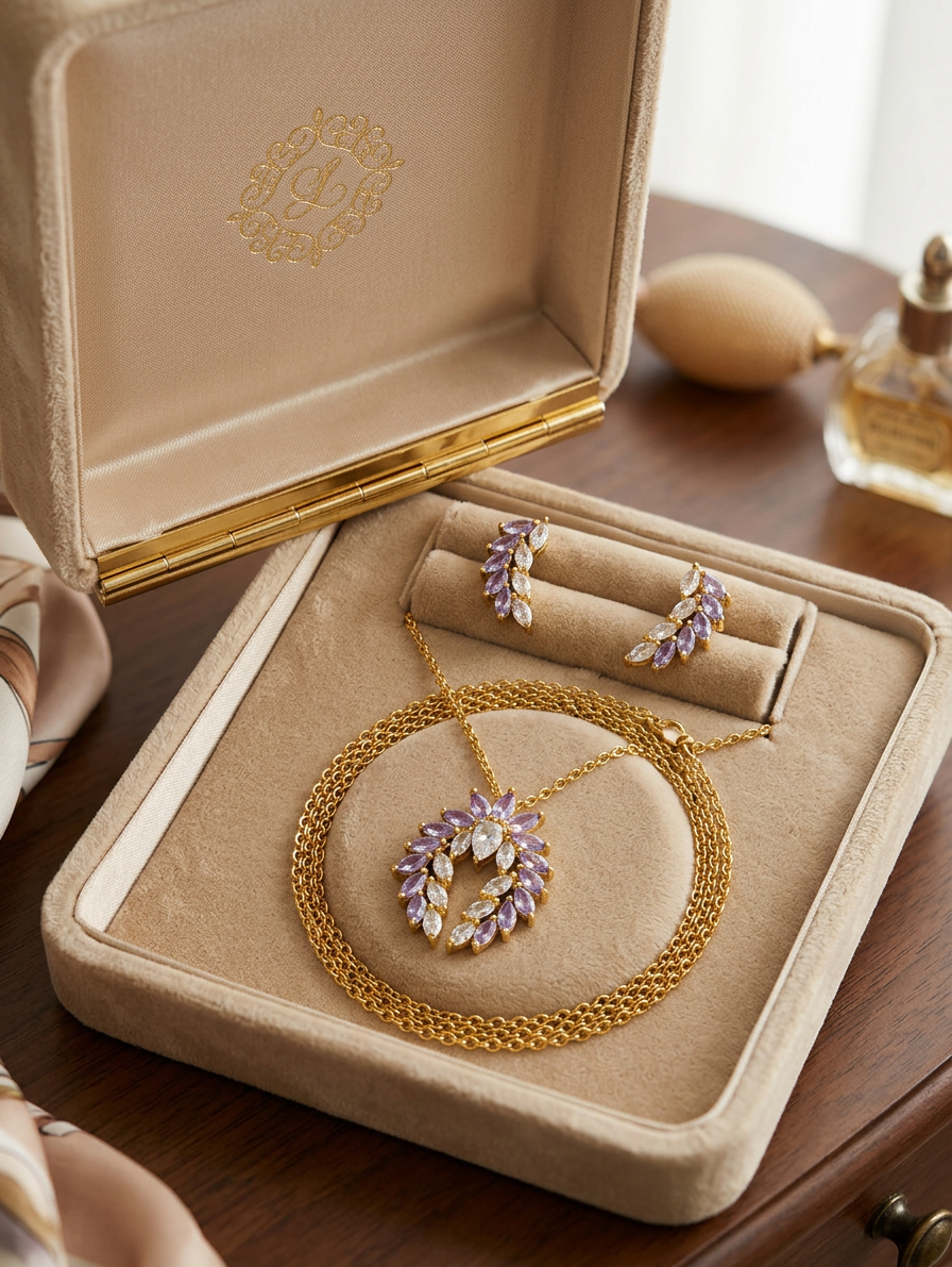 Elegant Marquise-Cut Stone Pendant Necklace & Earring Set – Gold-Plated Evening Jewelry