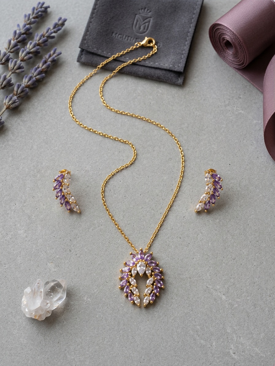 Elegant Marquise-Cut Stone Pendant Necklace & Earring Set – Gold-Plated Evening Jewelry
