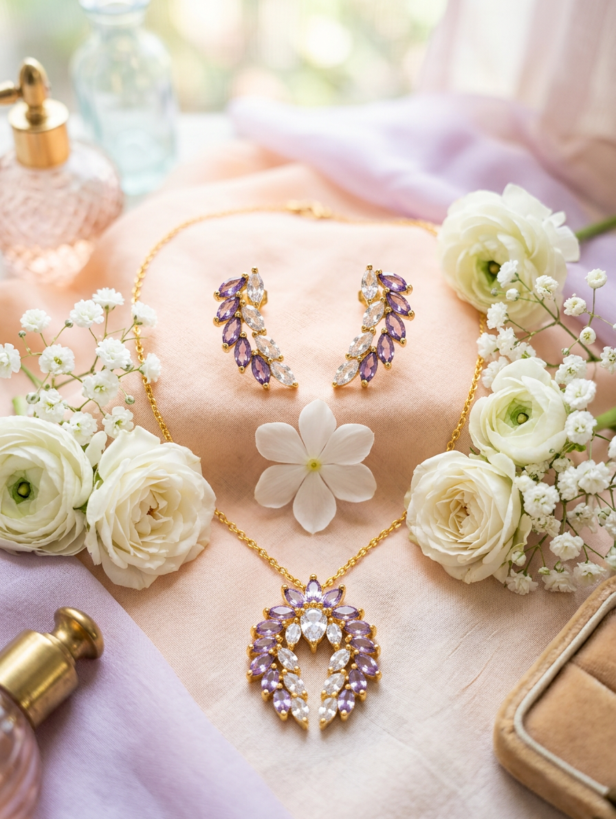 Elegant Marquise-Cut Stone Pendant Necklace & Earring Set – Gold-Plated Evening Jewelry