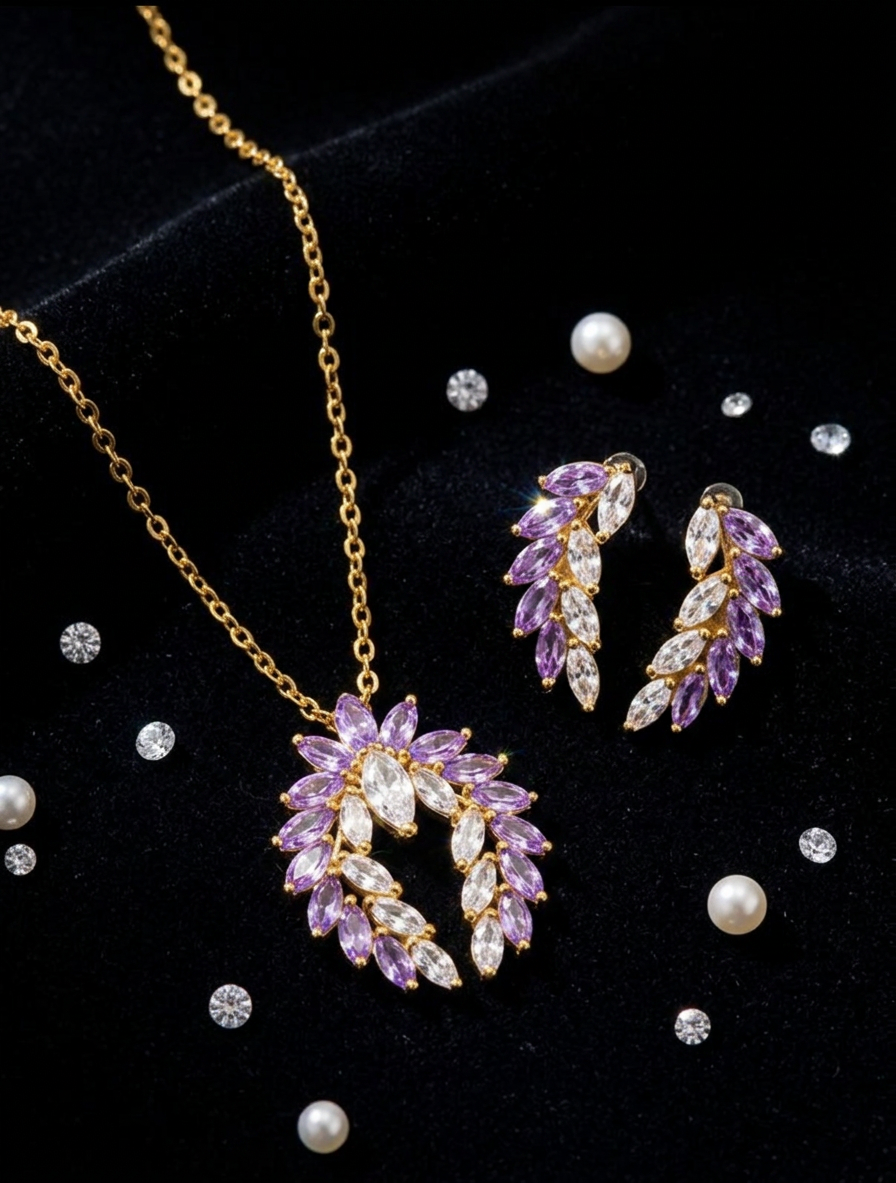 Elegant Marquise-Cut Stone Pendant Necklace & Earring Set – Gold-Plated Evening Jewelry