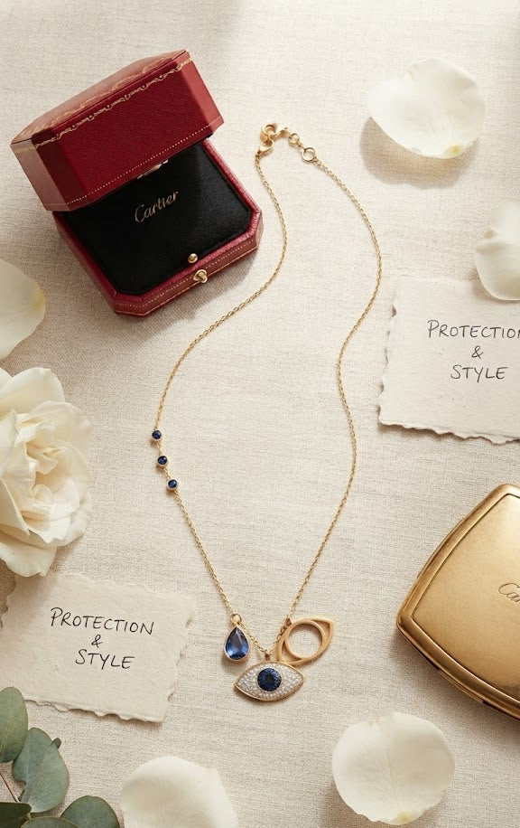 Gold evil eye multi-charm necklace with blue CZ teardrop styled flat lay with white roses and red gift box – protection jewellery by AureliaBlends