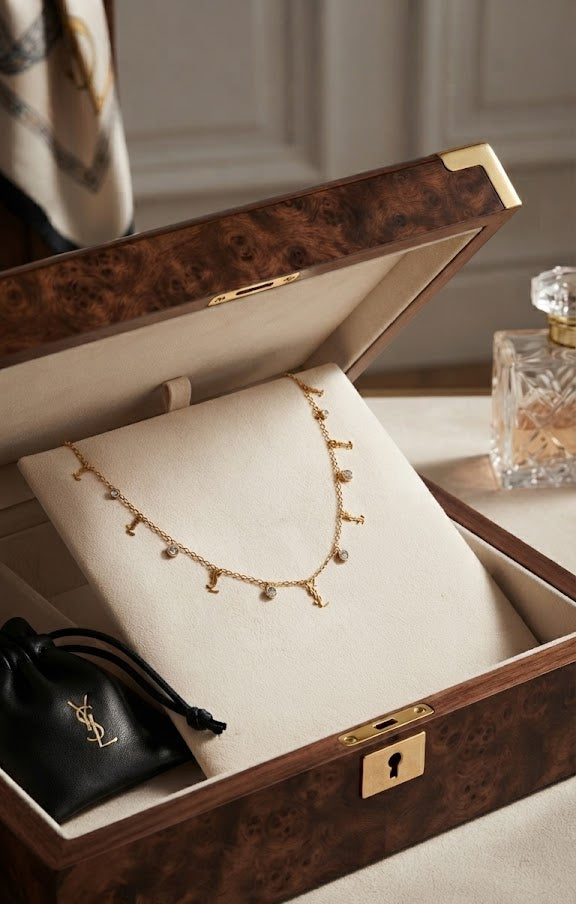 Gold letter charm and CZ bezel station necklace draped on black marble jewelry bust in luxury boutique setting – dainty necklace by AureliaBlends