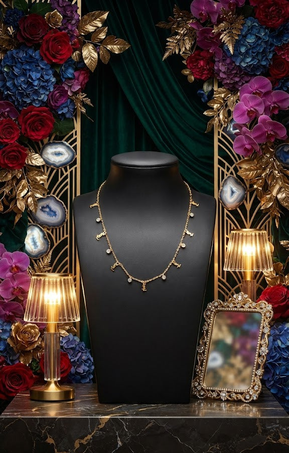 Dainty gold charm necklace with CZ bezels on black velvet display in luxury jewellery store – gift for her by AureliaBlends