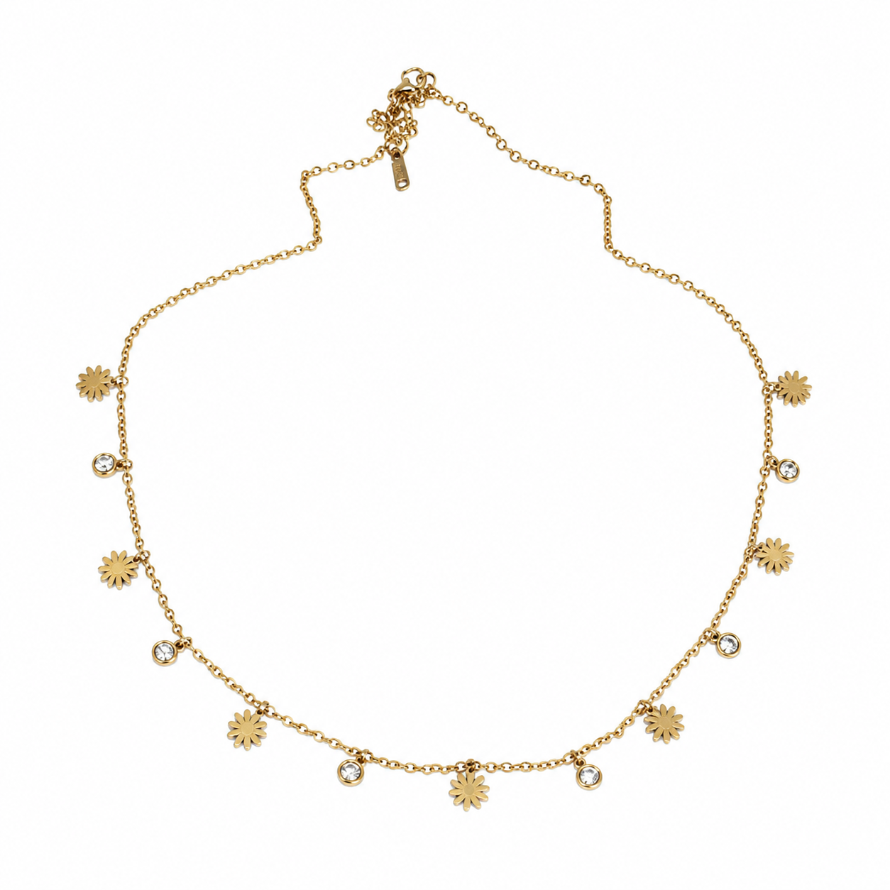 Gold daisy flower cubic zirconia CZ drop charm necklace on black velvet bust – dainty gold-plated floral chain necklace by AureliaBlends