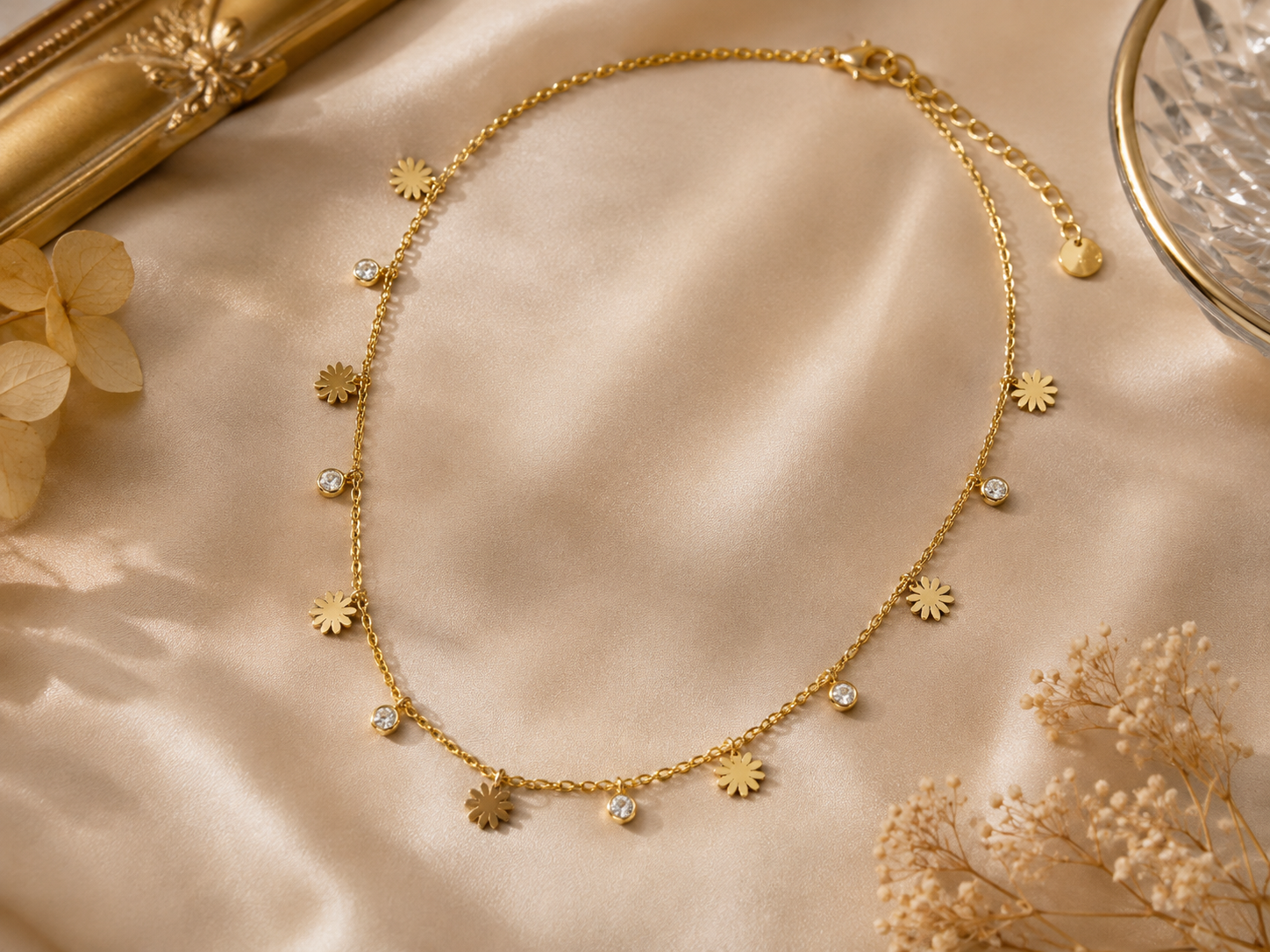 Gold daisy CZ charm necklace in black gift box with ribbon – perfect gift for her by AureliaBlends