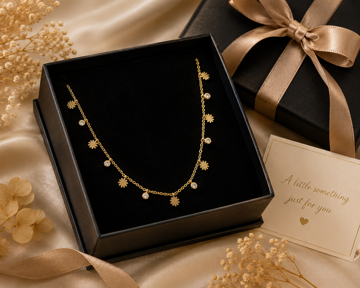 Gold daisy flower CZ drop necklace in cream jewellery box on satin – bridal necklace gift AureliaBlends